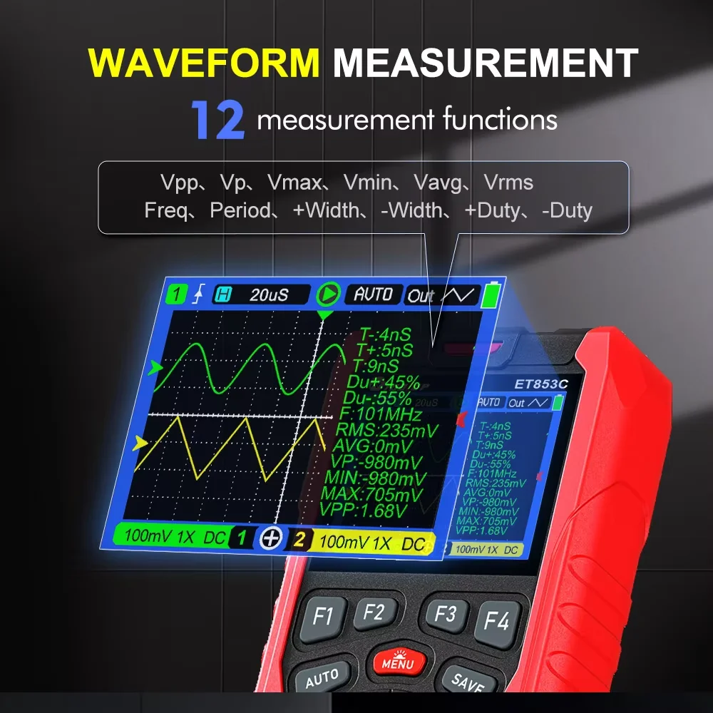 TOOLTOP ET853C 2CH Oscilloscope 70MHz 20,000 True RMS Multimeter Sine/Triangle/Square Wave For DIY Electronic Component Repair