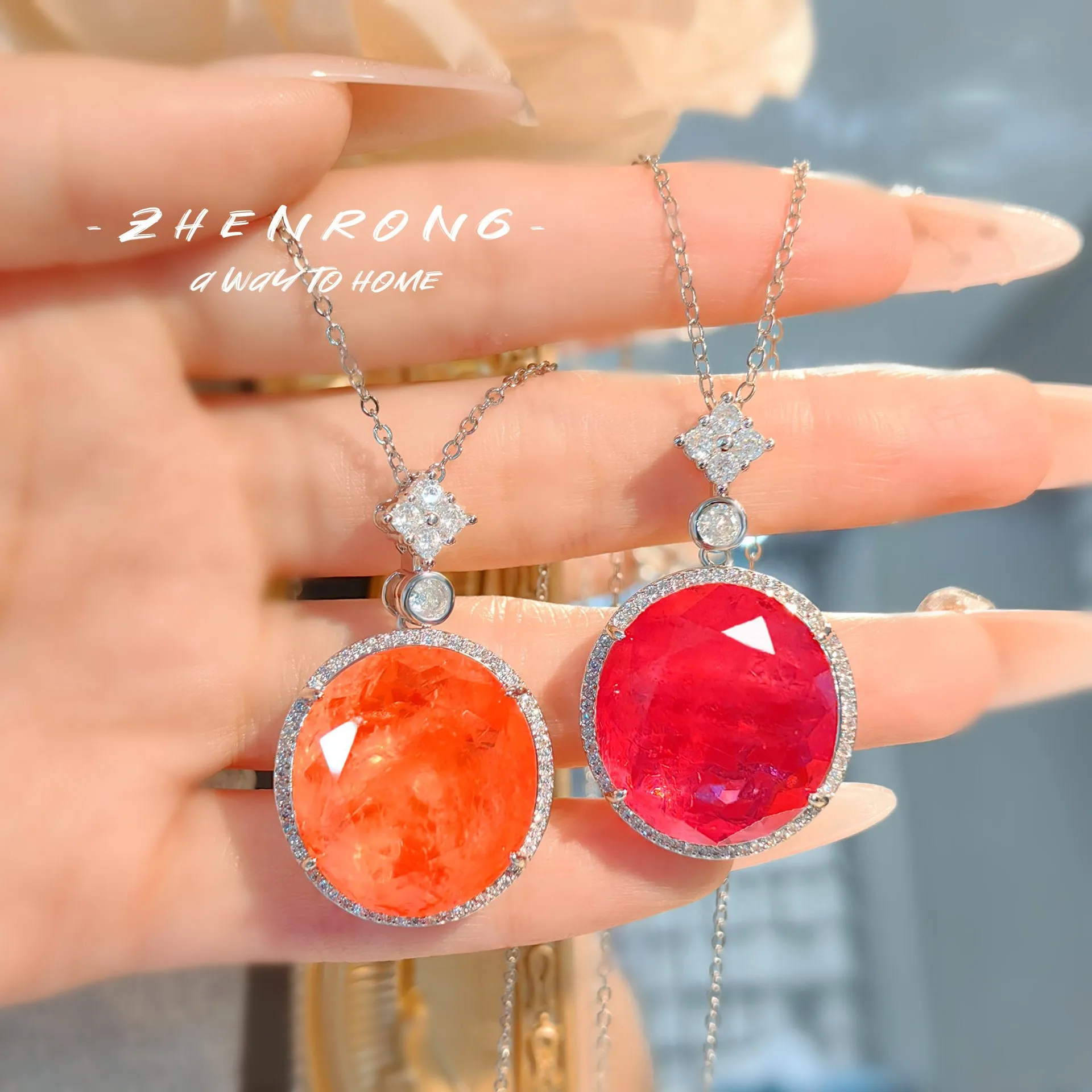 

Luxury Large Carat Round Orange/Red Tourmaline High Carbon Diamond Pendant Necklaces For Women Fashion Silver Color Accessories