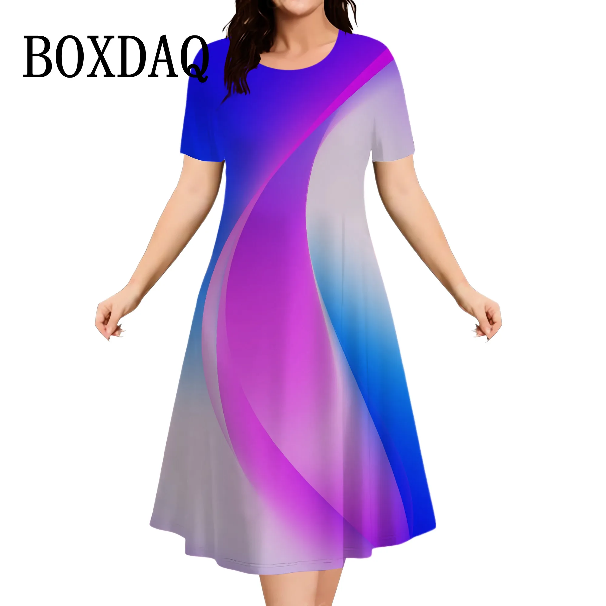 2025 Women Plus Size Fashion Gradient Striped Print Dress Summer Loose Elegant Ladies Clothing Casual Short Sleeve Party Dresses