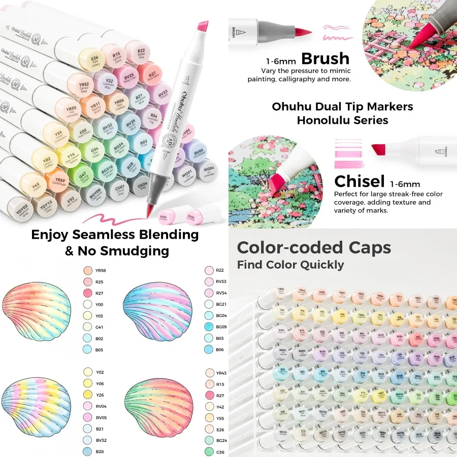 

Ohuhu Pastel Markers Brush Tip - 48 Pastel Colors Double Tipped Marker Set for Artist Adults Coloring Sketching Illustration Br