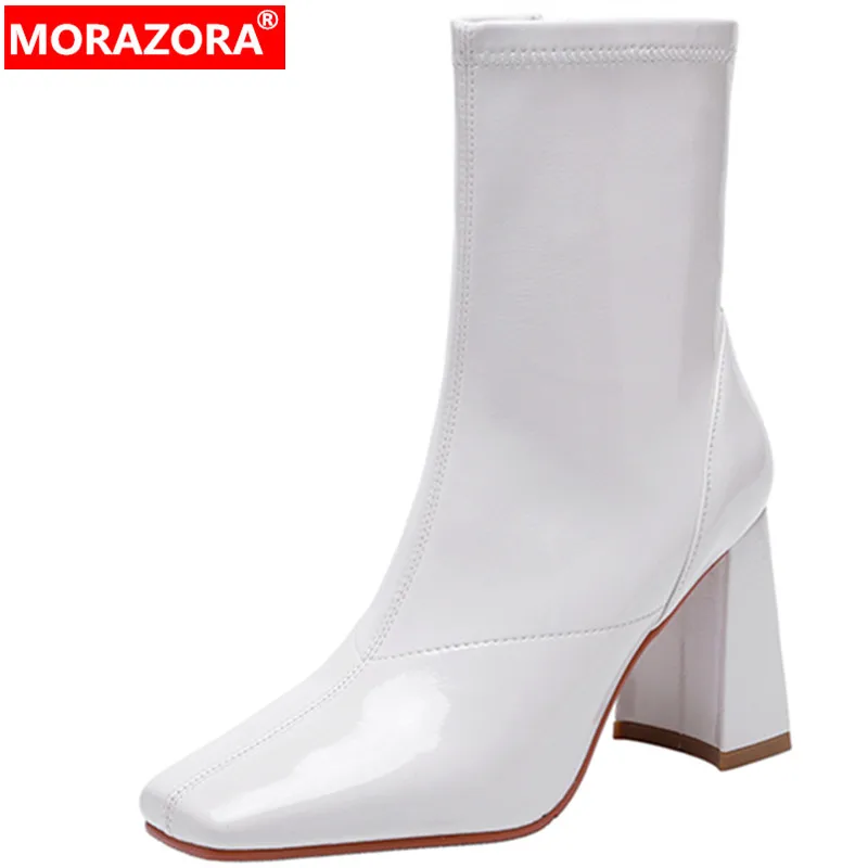 

MORAZORA 2022 New Modern Stretch Fabric Boots Woman Ankle Stretch Winter Boots Zipper Thick High Heels Shoes