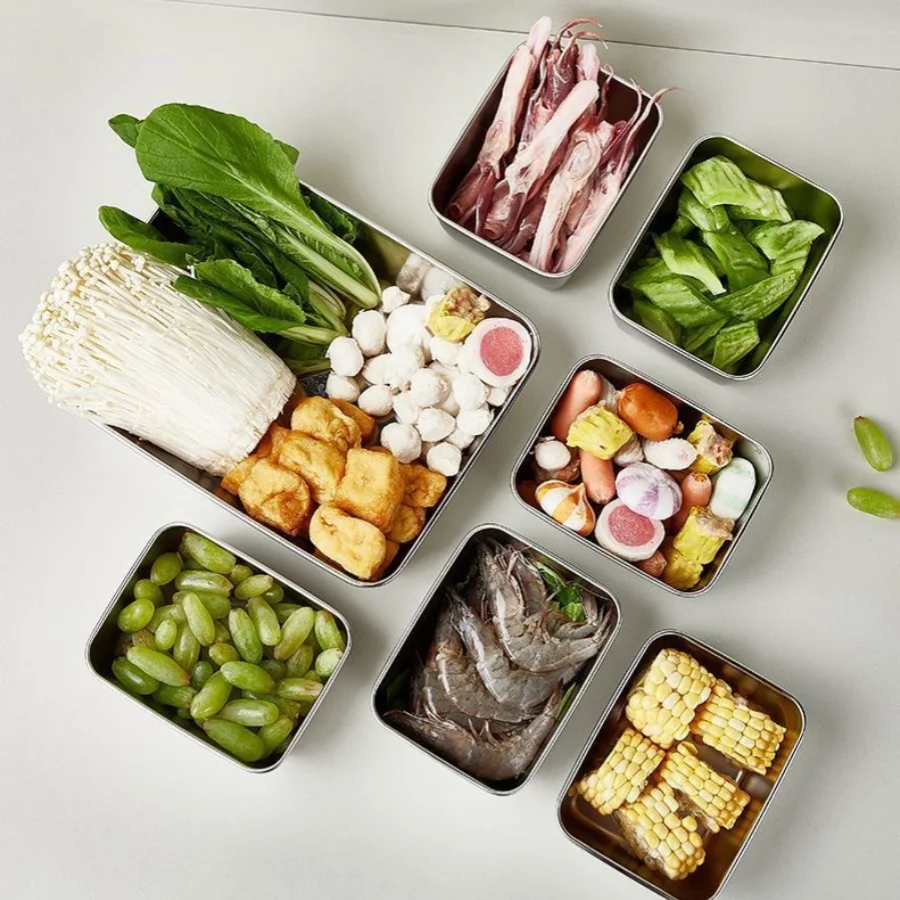 Thickened Square Plate Stainless Steel Rectangular Food Storage Pan With Lid Commercial Dish Tray Freshing Lunch Box Container