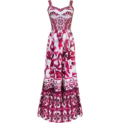 Scollo a v da donna rosso blu e bianco stampa Spaghetti Strap Holiday Maxi Dress Summer Runway Floral Print Vacation Long Robes