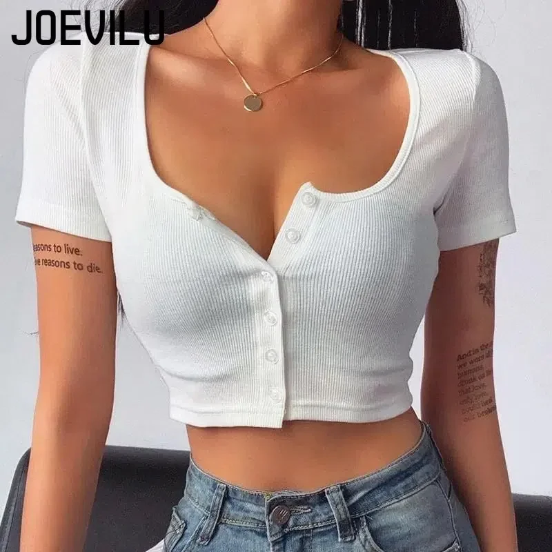 JOEVILU White Short-sleeved T-shirt Navel Exposure Crop Tops Women's Square Neck Cardigan Top Ladies Summer New Ins Skinny Tees