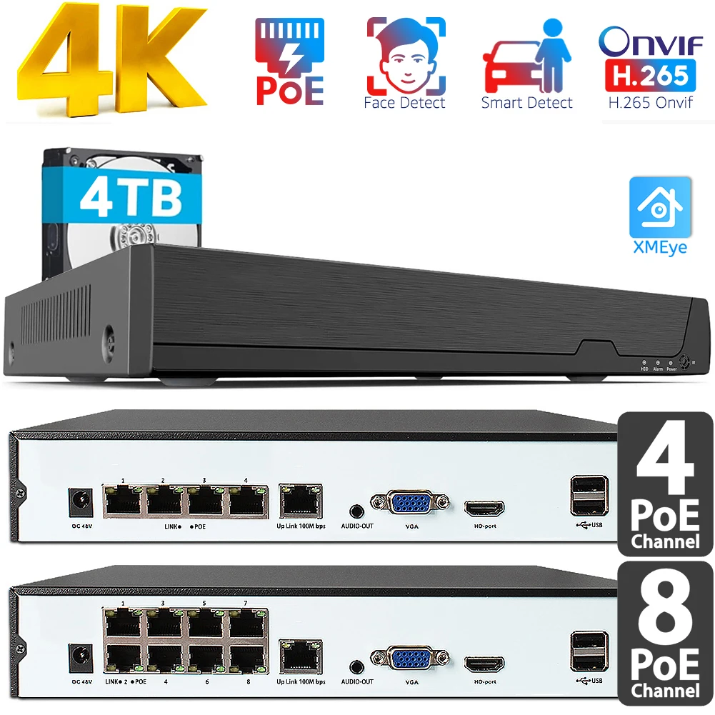 

4K CCTV NVR POE Onvif Network Video Recorder,NVR Recorder for IP Cameras (8x 8MP),DVR 8 Channels Power Over Ethernet XMeye