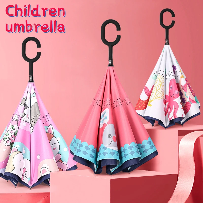 Children Double Layer Reverse Umbrella Cartoon Animal Sunscreen Handle Free Long Umbrella for Boys Girls Kids Gift