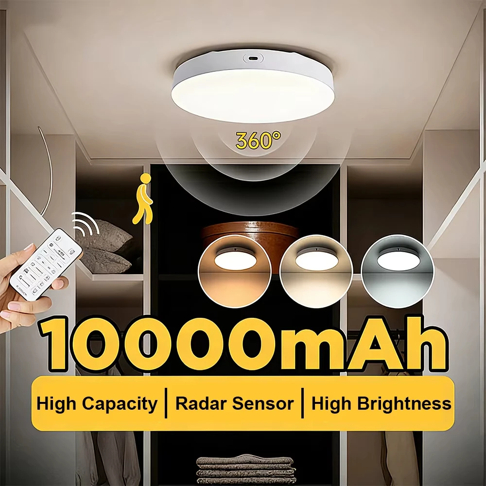 10000mAh LED Ceiling Lights Rechargeable Smart Radar Motion Sensor with Remote Control No Wiring Wall Lights for Aisle Hallway