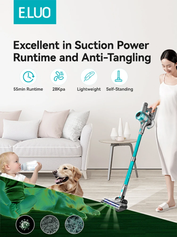 E.LUO 진공 청소기 신축성있는 경량 먼지 센서 강력한 흡입 30kpa1h 가정용 애완 동물 카펫 바닥 자동차 청소를위한 실행 시간