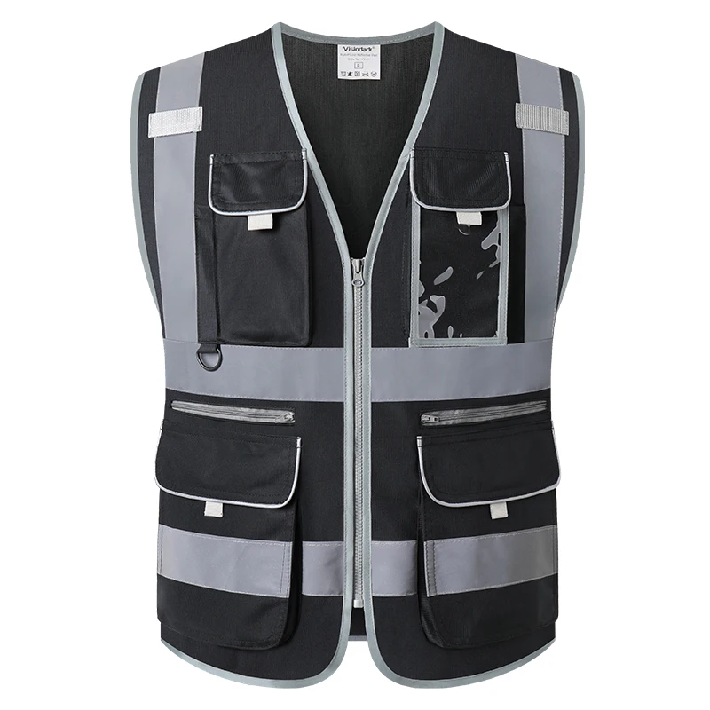 

Reflective Safety Vest Black High Visibility Vest with Pockets and Zipper Construction Vest ANSI Class 2