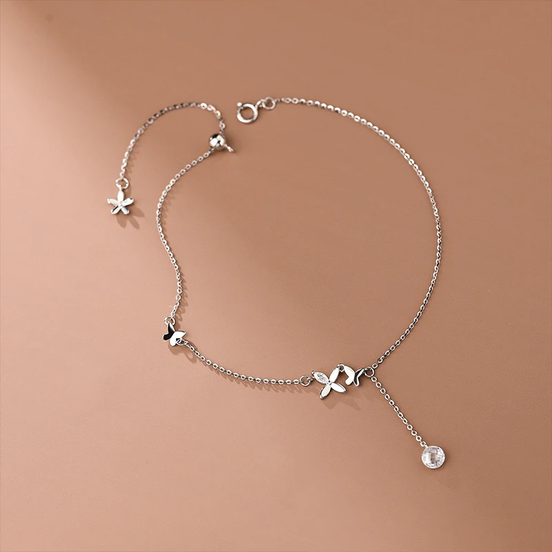 925 Sterling Silver Butterfly Flower Feet Chain Sparkling Zircon Tassel Feet Decoration Korean Edition Minimalist Jewelry