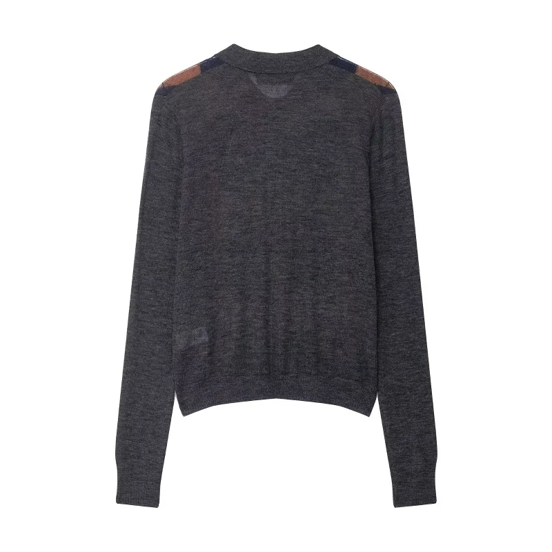 ETJ 2025 jesień nowa kolekcja odzieży damskiej, sweter z długim rękawem, cienki, dzianinowy, z kołnierzykiem polo, zdobiony diamentowym wzorem i przeszyciami.