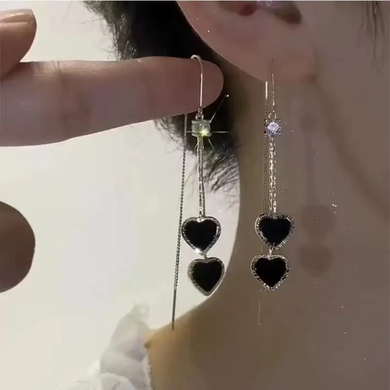 Korean Black Double Heart Long Tassel Drop Earring For Women Girl Cute Shiny Zircon Geometric Pendant Ear Line Earrings Jewelry