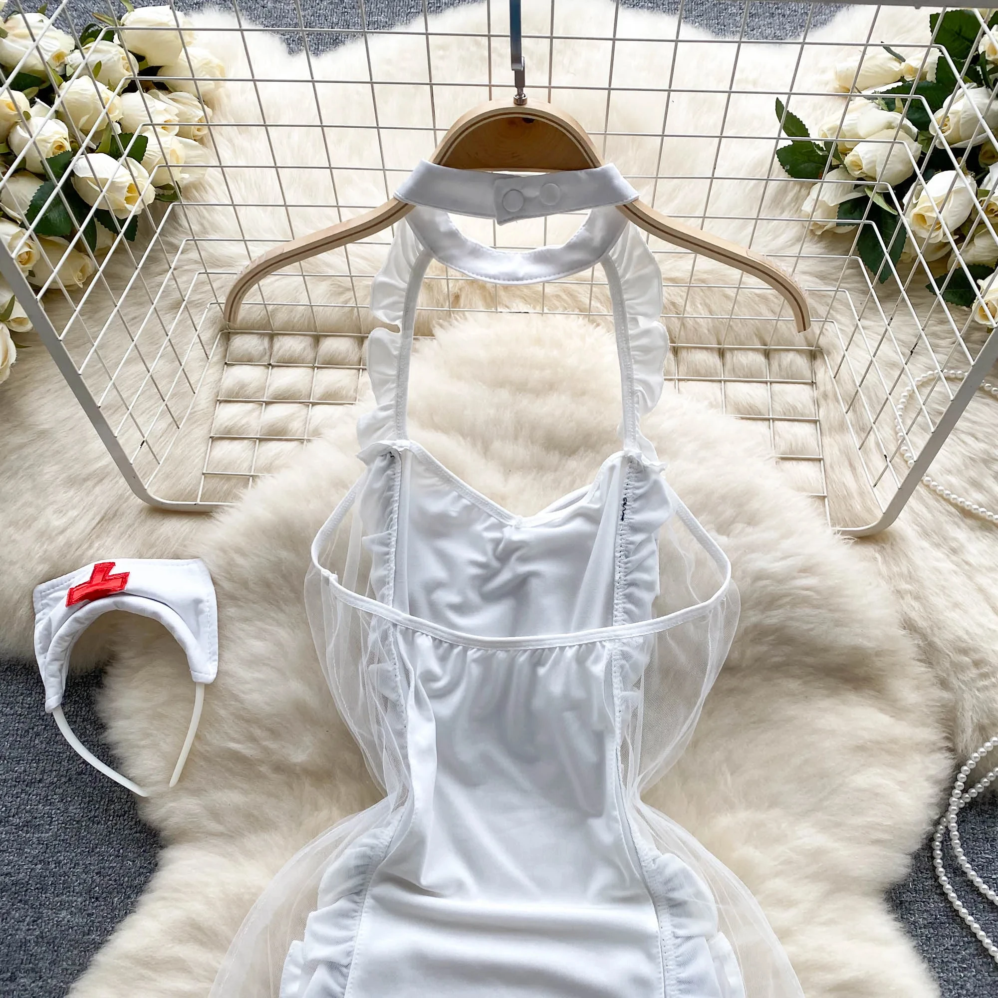 Without TakingOff Nurse Cosplay Sexy Nightdress Women Lace Mesh Patchwork Bodycon Dress+Thongs Backless Sheer Erotic Nightwear