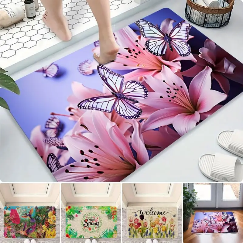 Butterfly Flower Print Bath Mat Soft Doormat Super Absorbent Anti Slip Diatomite Rug Washroom Carpet Shower Room Indoor Doormats