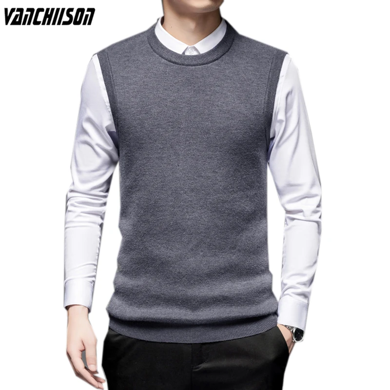 

Mens Wool Knit Tank Jumpers Basic Sweater Sleeveless Fleeced Thick for Autumn Winter O Neck Business England Style 01060