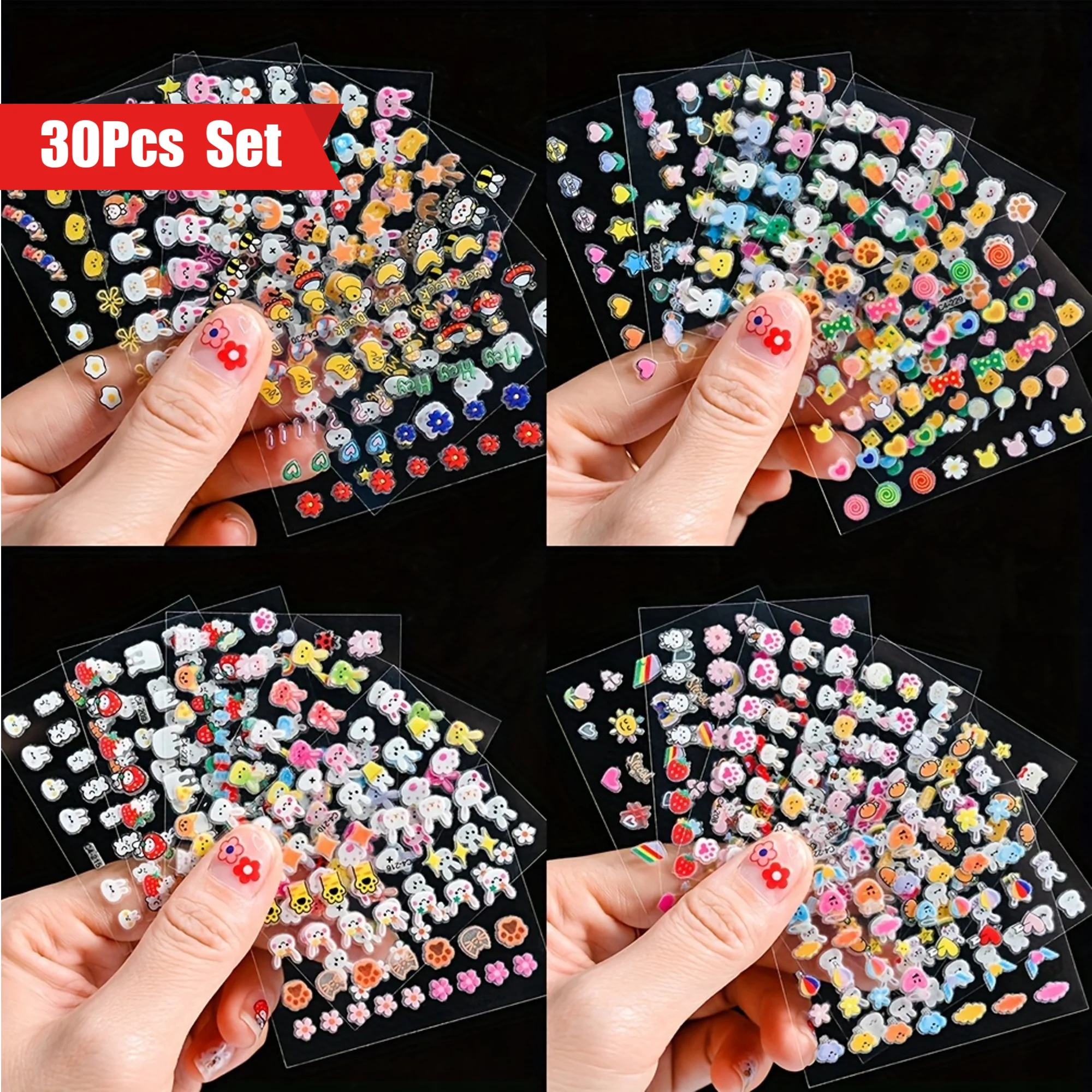 30 piece luminous nail sticker set - self-adhesive 3D rabbit&cartoon animal stickers with shiny nail stickers, nail supplies,