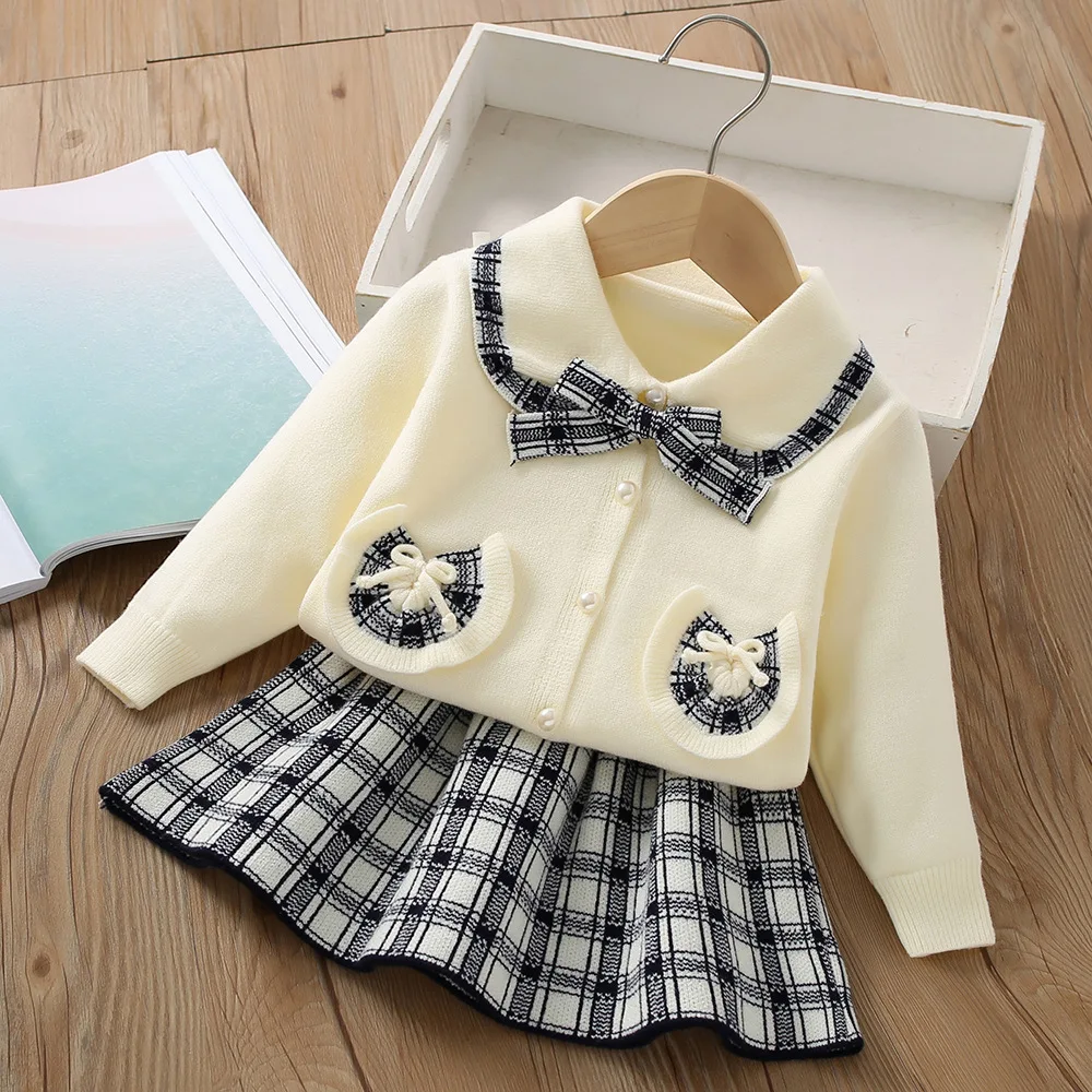 Girls Knitted Dress Clothes Sets Autumn Winter Children Woolen Sweaters Coats Skirts 2pcs Party Suit For Baby Christmas Costume