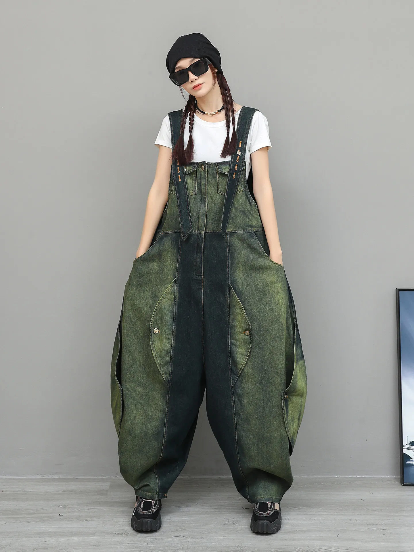 Personalized Irregular Vintage Denim Wide Leg Overalls 2026 Women's Spring High Waisted Sleeveless Streetwear Jumpsuit Trendy
