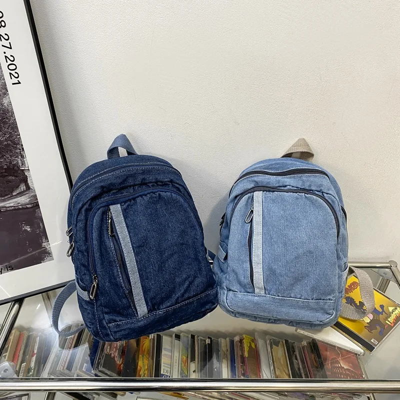 Y 2K Denim Rugzak Voor Dames Koreaanse Mode Schooltas Hoge Capaciteit Lichtgewicht Reistassen Multi-Pocket Blauwe Jean Rugzakken