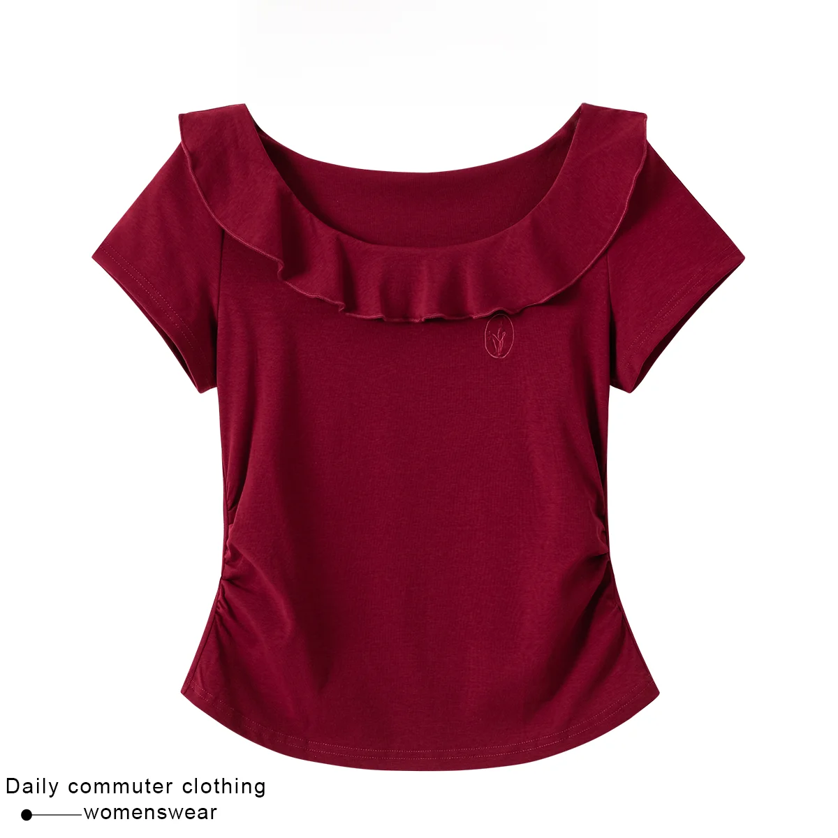 

Coshehkg Retro Ruffle Sleeve Floral Embroidery round Neck Short Sleeve T-Shirt Women Summer New Waist Cinched Slim Fit Top