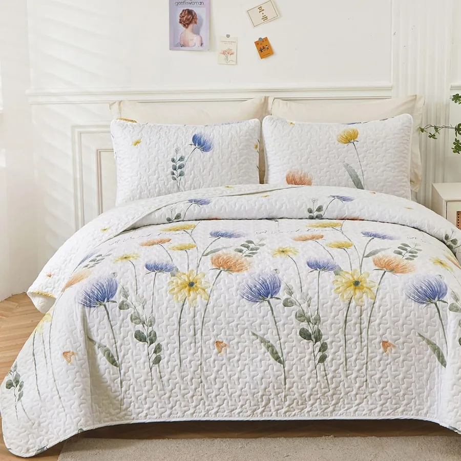 

Floral Quilt Set Queen 3 Pieces Blue Yellow Quilts Bedding Set Bohemian Bedspread Bed Cover Lightweight Spring Summer Beds Cove
