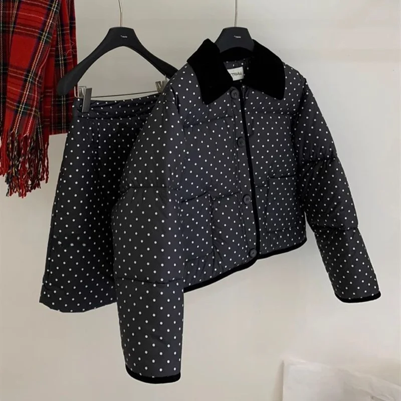 

Korean Sle Winter Set Polka Dot Cotton Jaet ort Skirt Two Piece Women's Faion Set Small Cotton Coat Commute Sle