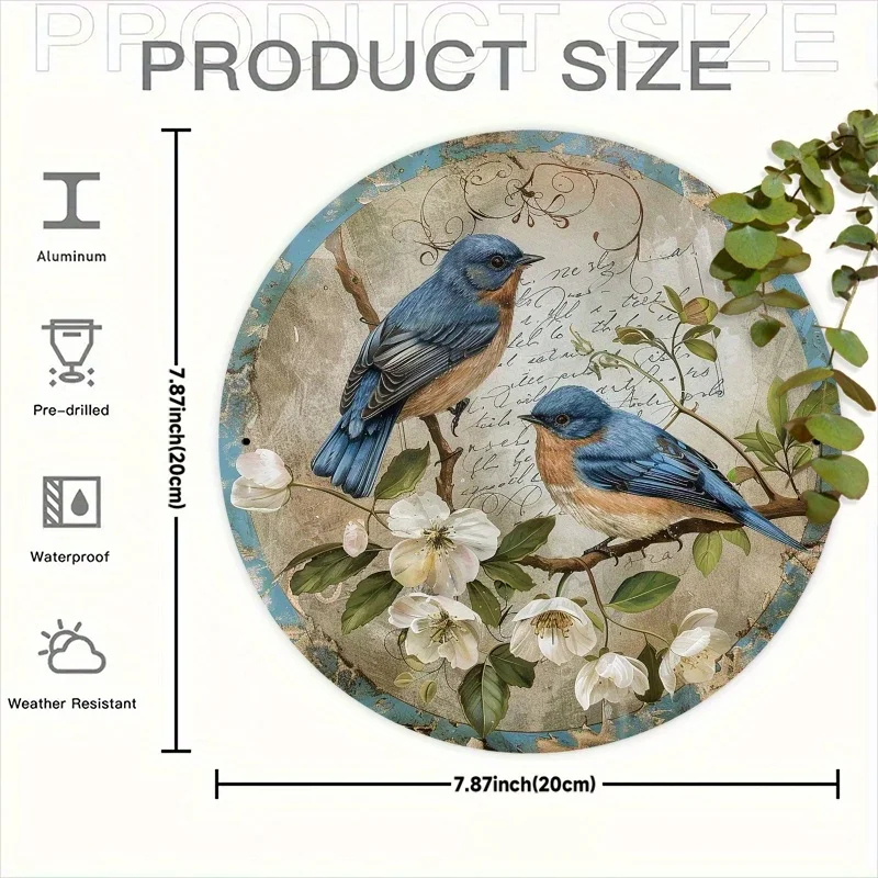 [2D Flat] Vintage Blue Love Birds & Floral Wreath Round Aluminum Sign - 7.87