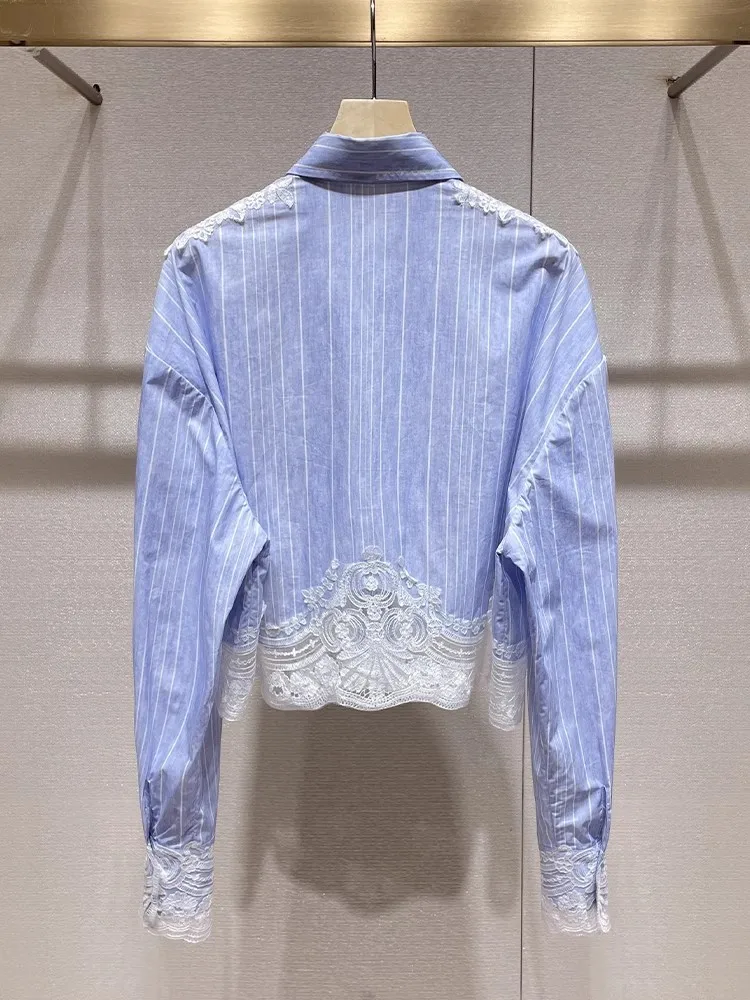 

Females Lace Embroidery Patchwork Short Shirts Turndown Collar Long Sleeve Striped