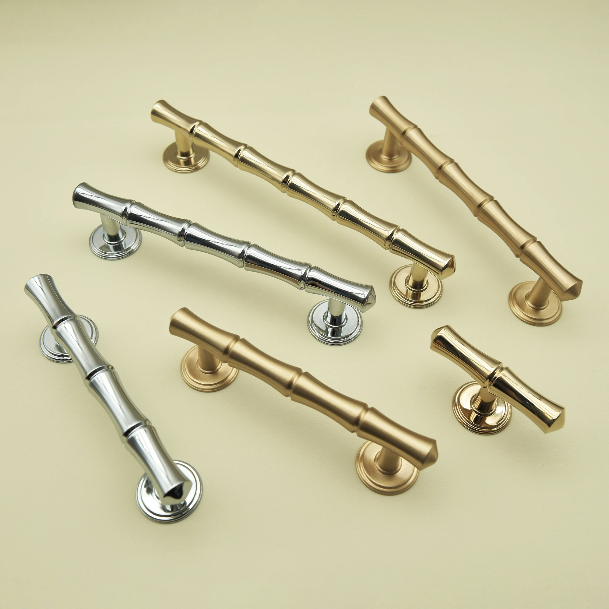 Solid Brass Bamboo Shape Cabinet Handles Bright Chrome Bedroom Wardrobe Pulls Gold T Bar Dresser Knobs Luxury Furniture Hardware