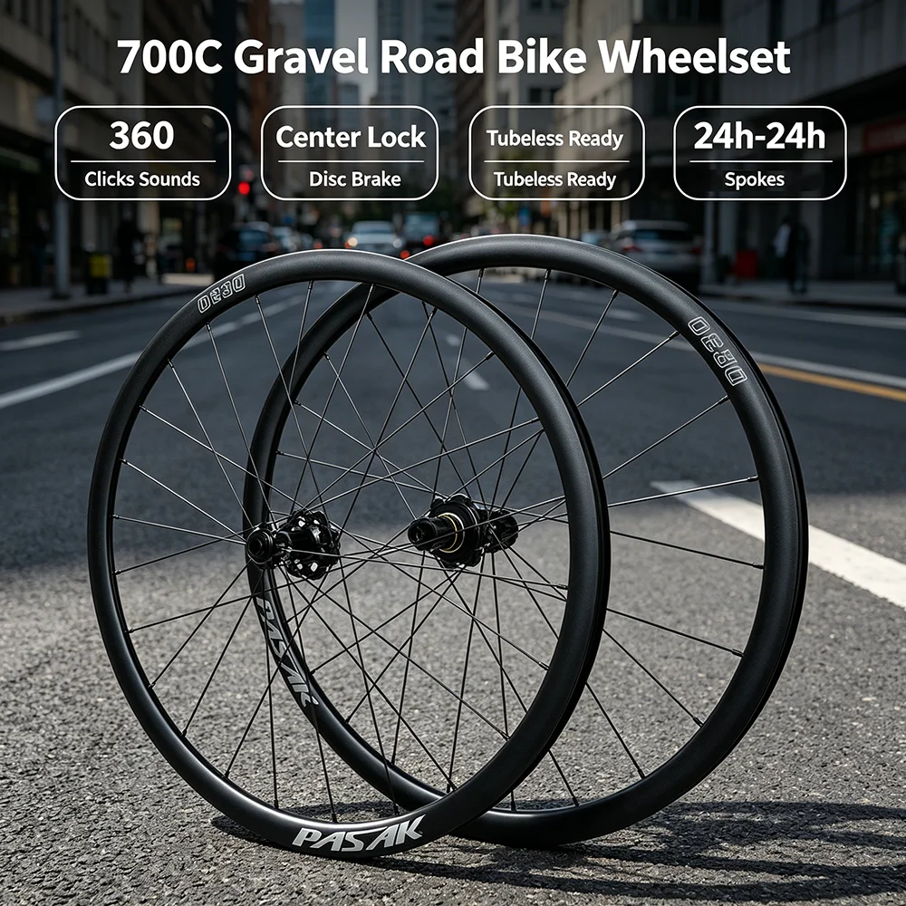 

Pasak 700c Gravel Road Bike Wheelset 24h Tubeless Ready Center Lock Disc Brake 360 Clicks Sounds 12s Hub Core