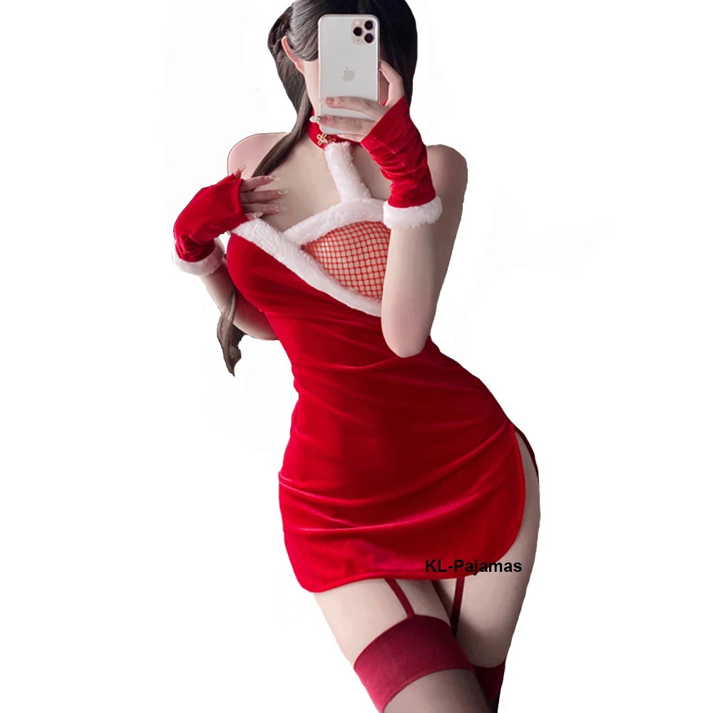 

Christmas Red Velvet Dresses Erotic Sexy Lingerie Side Split Mini Cheongsam With Stockings Sets Chinese Traditional Qipao Dress