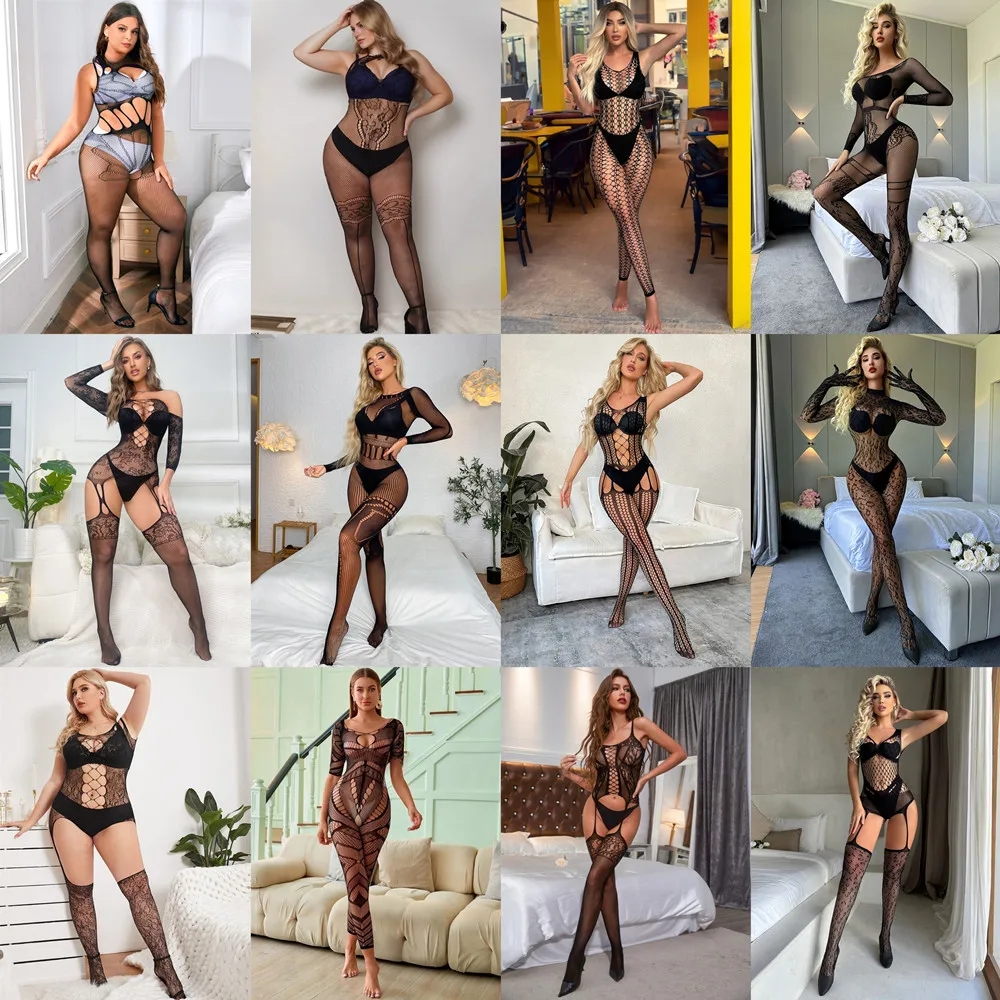 Monos sin entrepierna para discoteca, medias elásticas de cuerpo completo a la moda, lencería ajustada de malla transparente, pijamas eróticos para chica, ropa interior femenina porno
