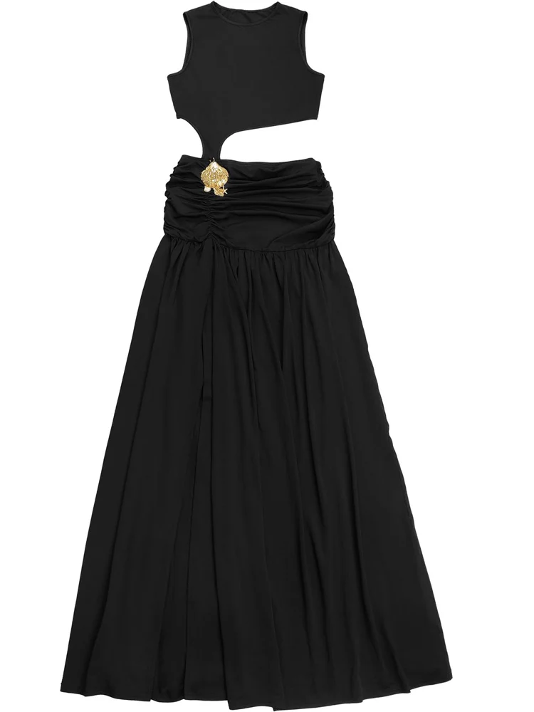 Kricesseen sexy recorte fenda maxi vestido chique feminino sem mangas ruched alta divisão clube vestido de festa roupas de natal noite fora wear