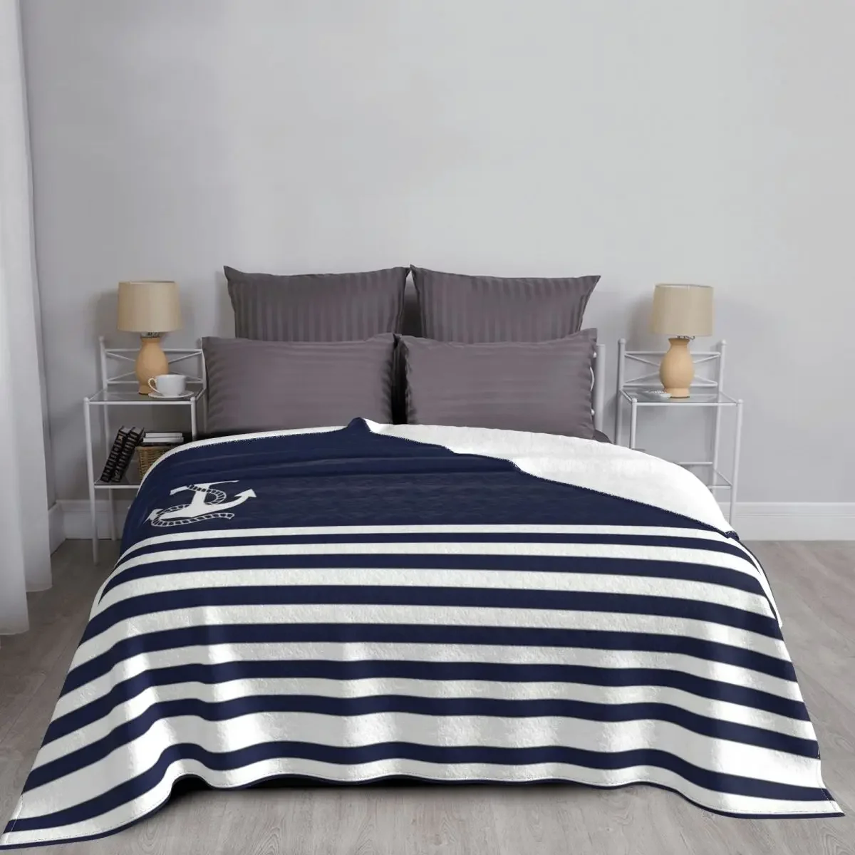 Nautical Navy Blue Stripes And White Anchor Blanket Cover Plush Throw Blankets Bedding Couch Portable Soft Warm Bedspread