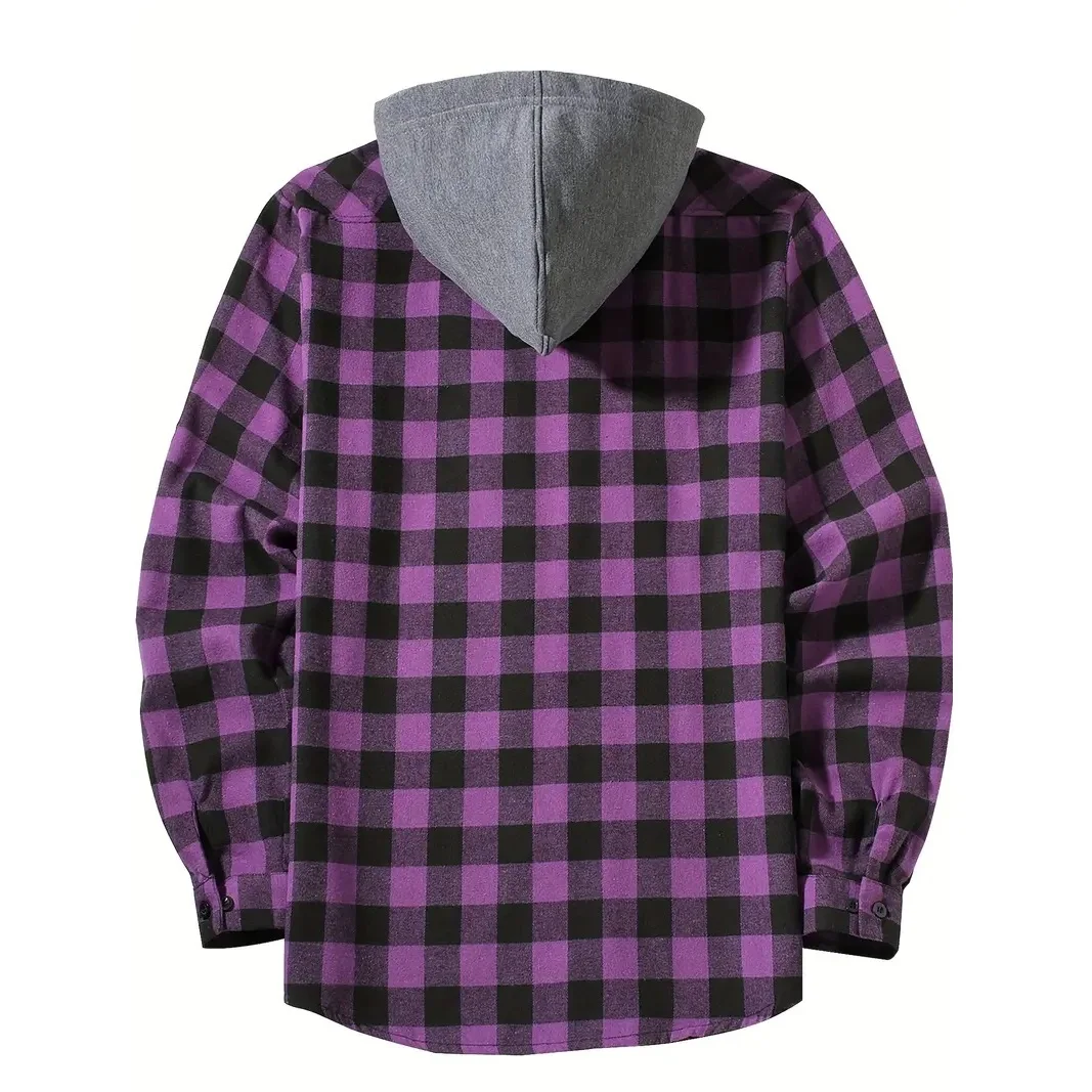 Men\'s Shirts Classic Plaid Casual Button Down Hooded Long Sleeved Double Pockets Shirt Hoodie Flannel Jacket Spring Autumn Tops