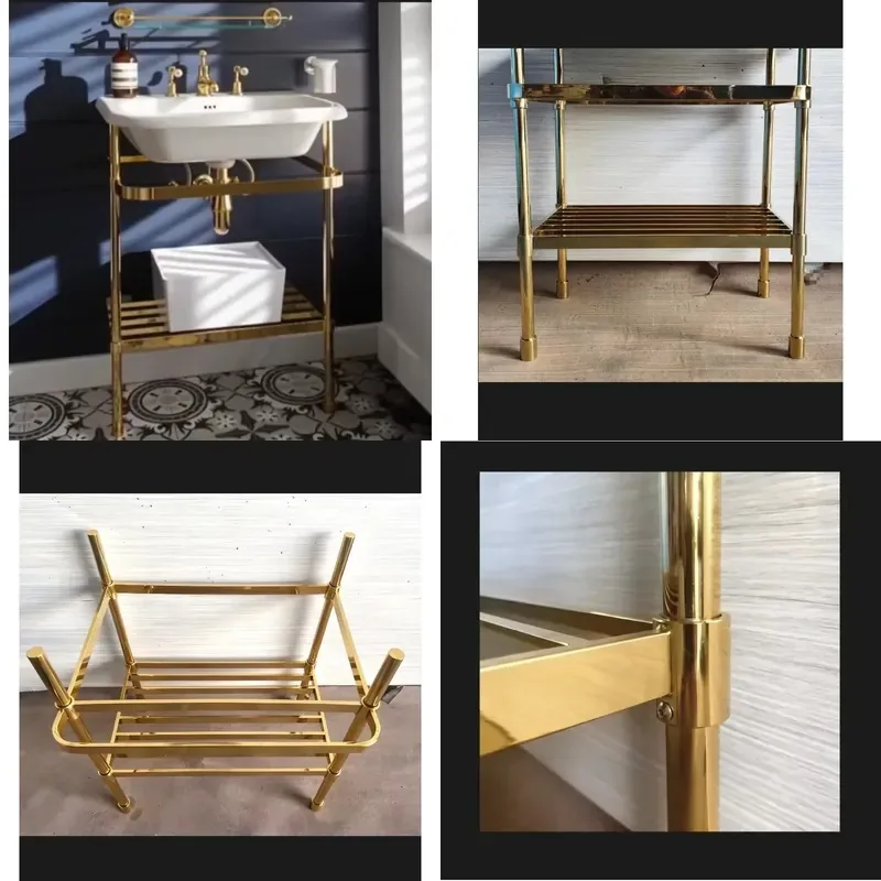 Luxury Retro Gold Polished Brass Basin Stand Custom Metal Furniture for Boutique Hotel Suite Face Wash Table