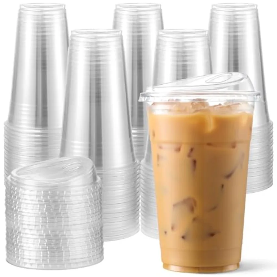 

100 Pack 16 oz Plastic Cups With Strawl Sip-Lids, Iced Coffee Cups With Lids BPA Free, Disposable Clear Cups, To Go Cups for Sm