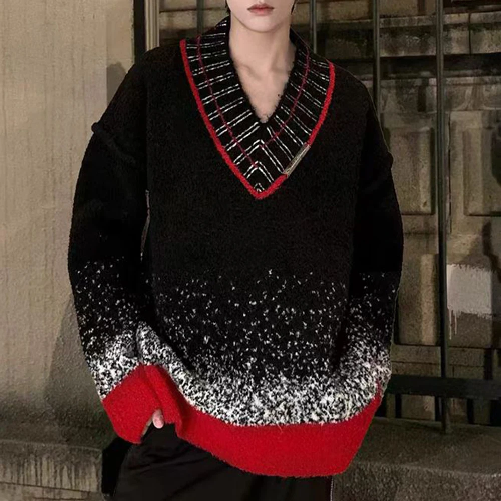 

Унисекс, черный и красный градиентный свитер с v-образным вырезом, осенне-зимний новый стиль Y2k в стиле Харадзюку, свободный индивидуальный модный тренд