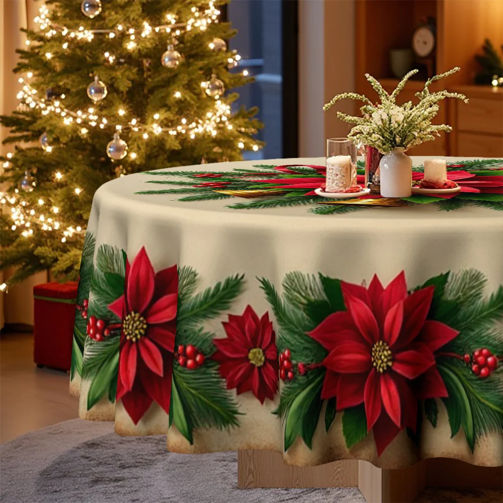 1 tablecloth, Christmas, Easter, holiday poinsettia and bell-themed round tablecloth