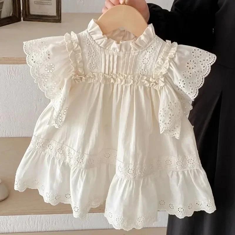 Newborn Baby Girl Flying Sleeve Embroidery Cotton Dress Girls Princess Hollow Out Dresses Infant Baptism Ruffle Frocks Clothes