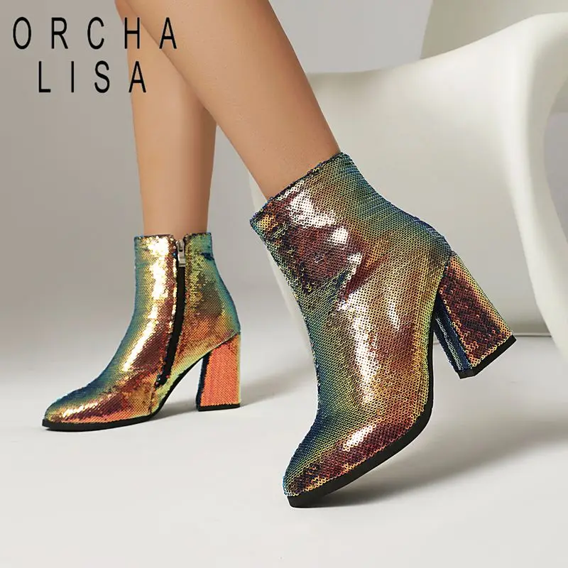 

ORCHA LISAFashion Bling женские ботильоны с острым носком 8,5 см на блочном каблуке на молнии, большой размер 44, короткие ботильоны для вечеринок и свиданий, золотого цвета