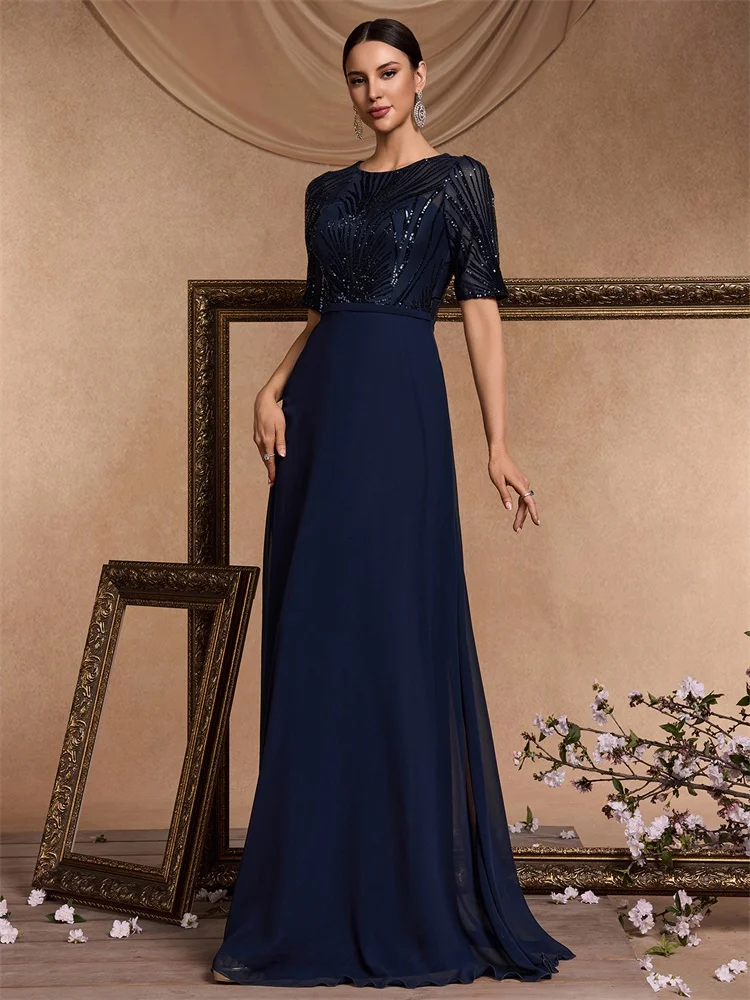 BLUEPLUM elegante korte mouwen blauwe pailletten avondjurk luxe vrouwen chiffon zeemeermin bruidsmeisje partij maxi prom jurken