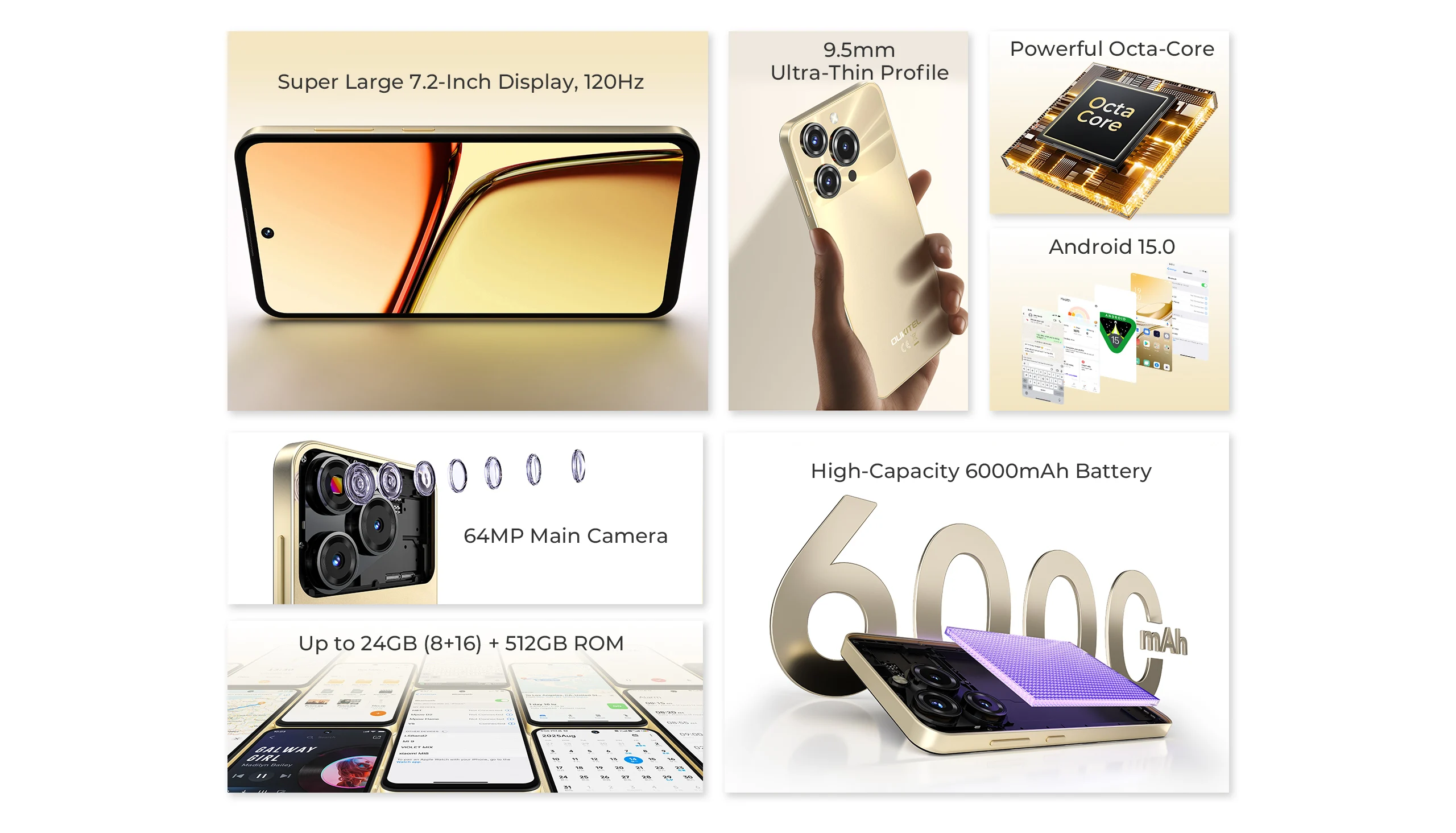 OUKITEL C69 Smartphon Android 15 7.2" HD+ Large Screen Dual 4G Mobile Phone 24GB(8+16)+256GB 6000mAh 64MP Main Camera 120Hz NFC