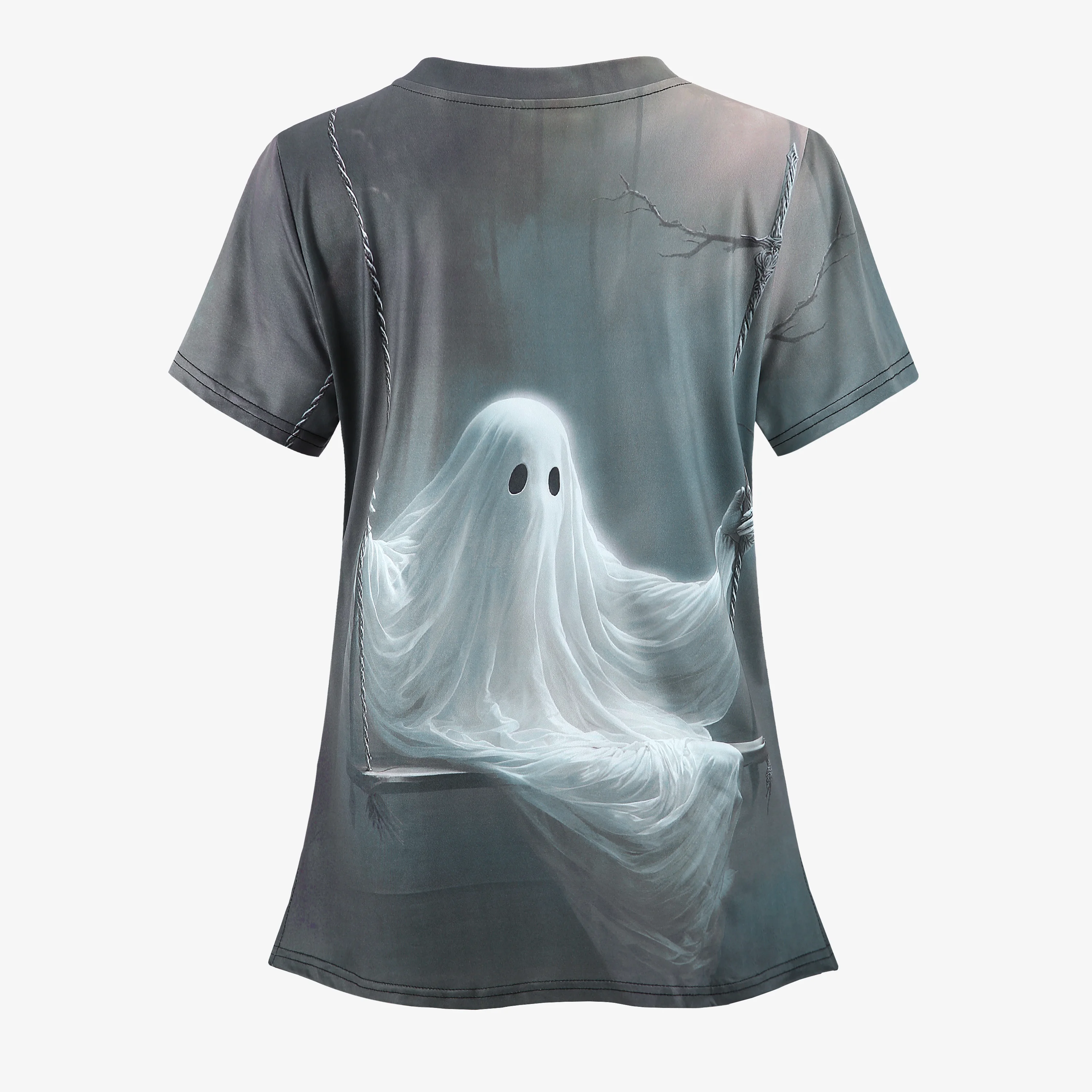 Halloween Ghost Swing Print V-Neck Nurse T-Shirt With Pocket - Stretchy Blend, Short Sleeve, Fashionable Workwear For Women