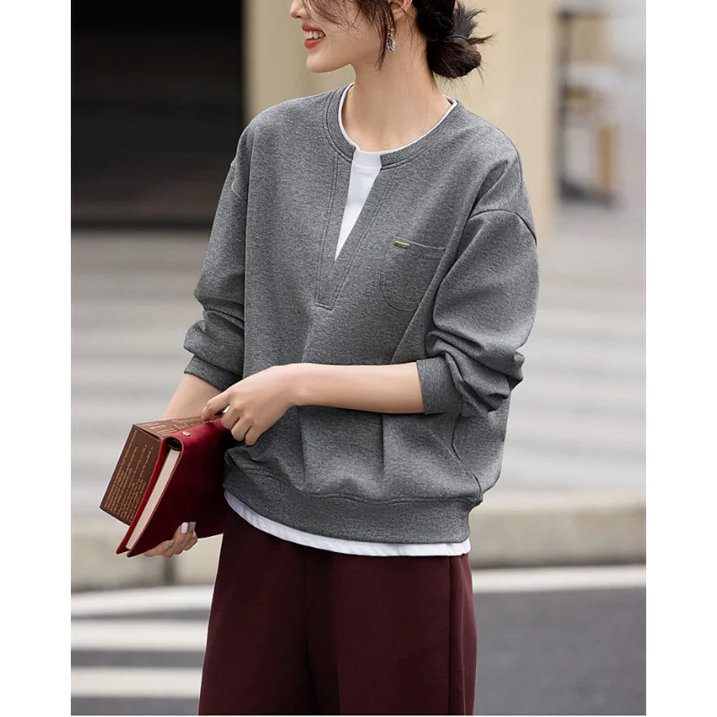 

Простой повседневный контрастный свитшот из двух частей, весна и осень, новый круглый вырез, простой свободный маленький карман, сращивание