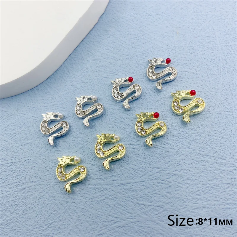 10Pcs Dragon Nail Charm oro argento perla lega unghie decorazione strass accessori gioielli diamante 2024 parti Manicure