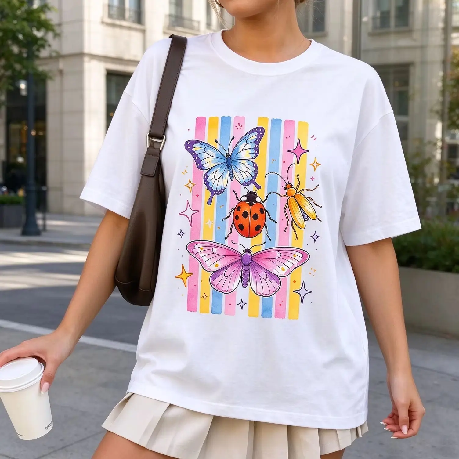 Rainbow Striped Butterfly Ladybug Beetle Watercolor Graphic Women T Shirt Fresh Nature Insect Casual Short Sleeve Tops
