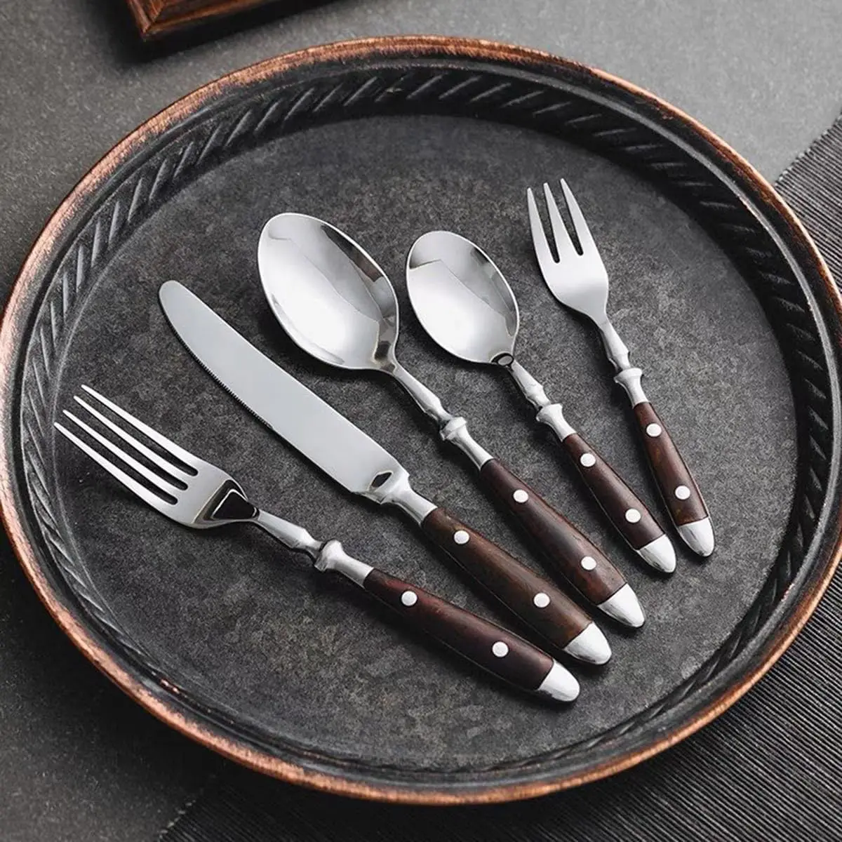 Silverware Set for 4,Imitation Wood Rivet Handle Flatware 18/8 Stainless Steel 20 PCS Cutlery Utensi Sets Mirror Polished Steak