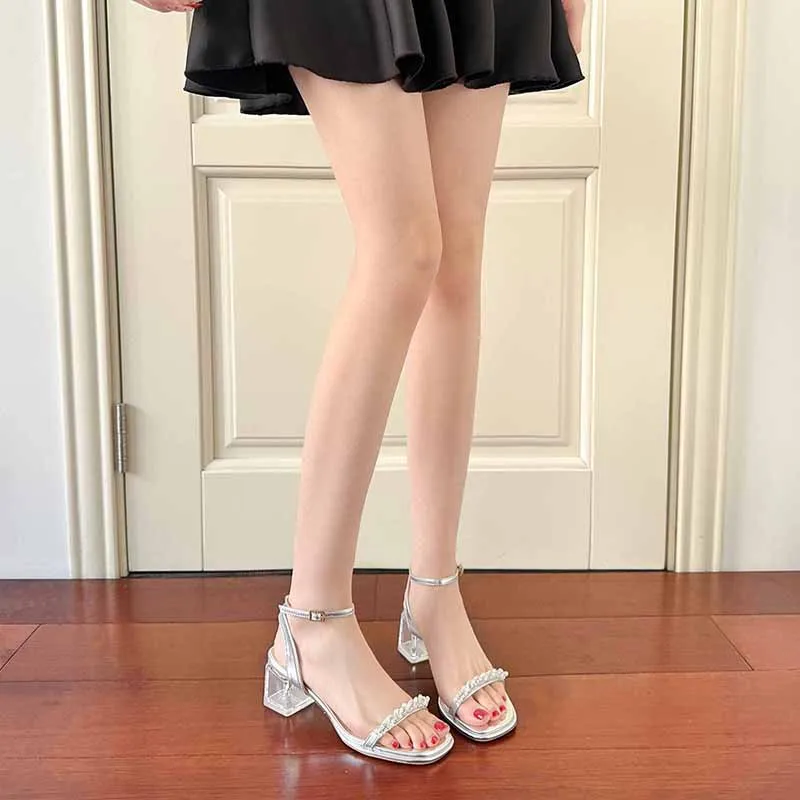 Silver Thick Heel Sandals Women's Summer 2025 New Fairy Style Transparent Crystal High Heel Open Toe Sandals Fashionable Ladi...