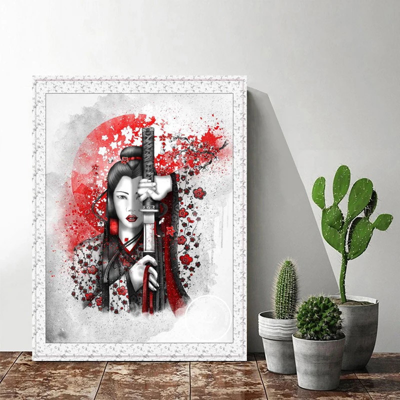 5D Japanese Ink Zen Abstract Art Painting Diamond Embroidery Bushido Samurai Geisha Woman Picture Cross Stitch Mosaic Home Decor